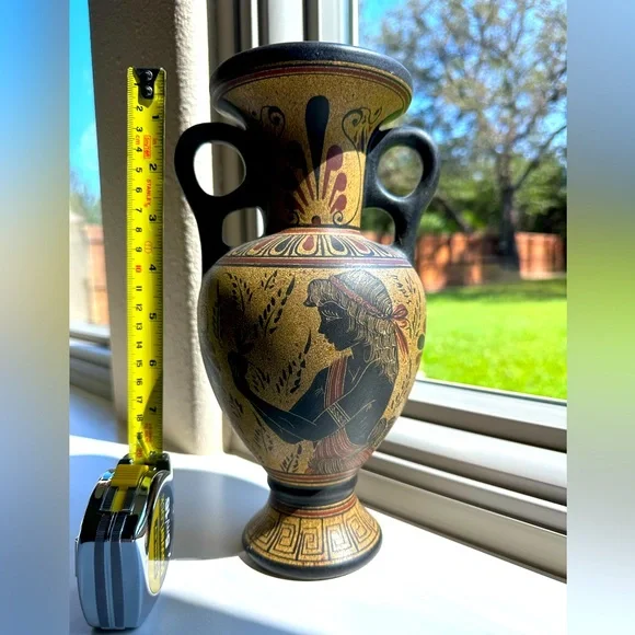 Black/tan hand made Greek ceramic vase. - Picture 1 of 11